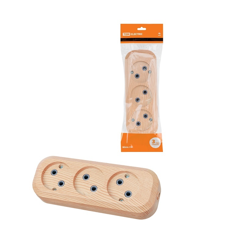 Колодка 3 гнезда, б/з, 10А, светлое дерево