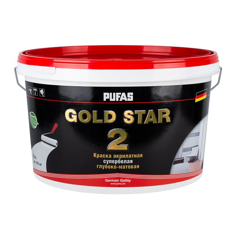 Краска акрилатная супербелая Pufas Gold Star 2 глубоко матовая (9 л)